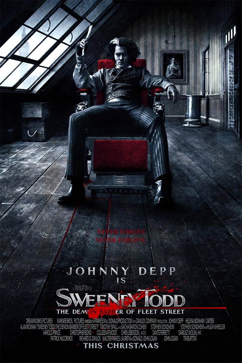 Sweeney Todd poster features Johnny Depp seated in a red barber chair, raising a razor in a shadowy blue-gray attic.