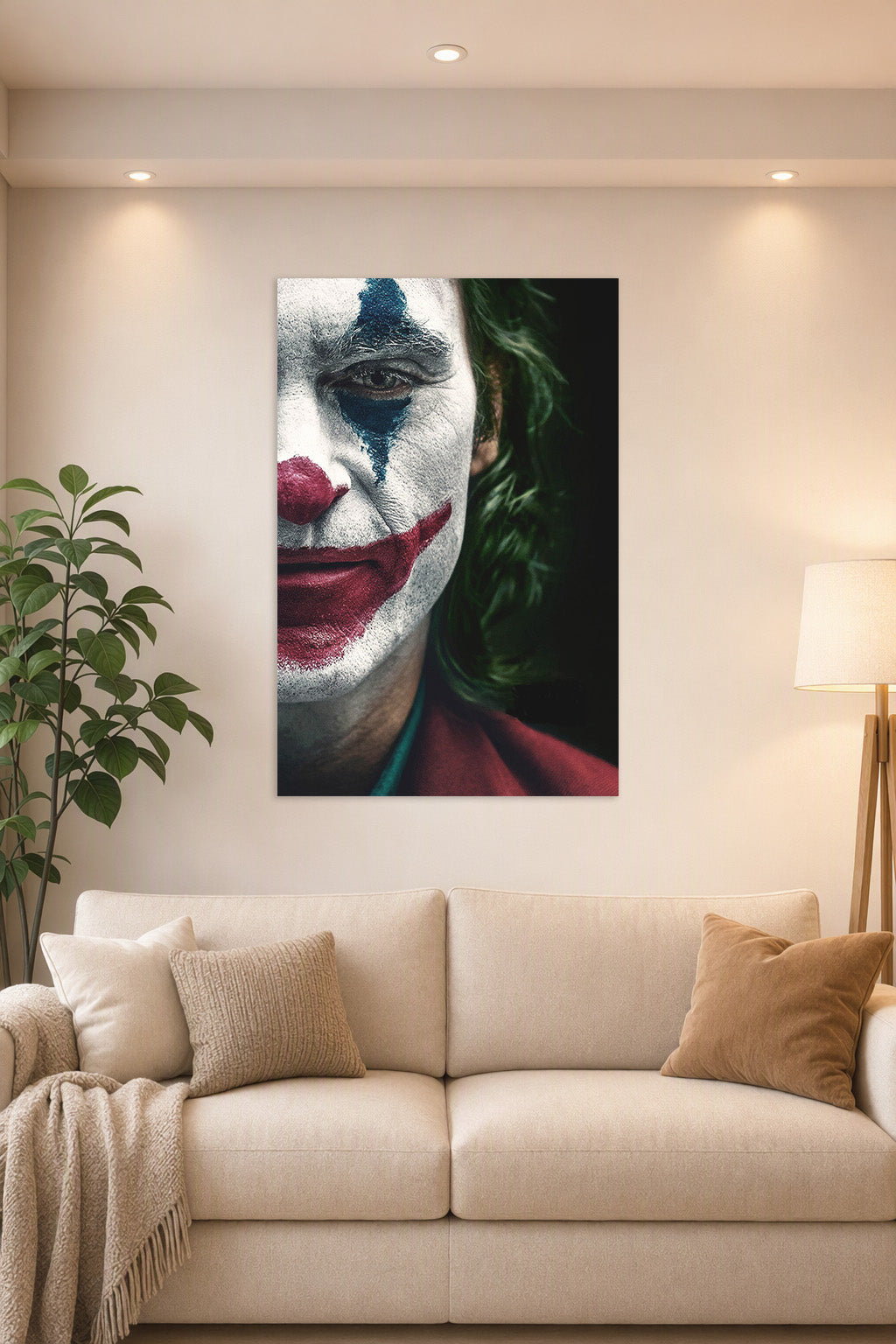 Joker in a bright living room above a beige sofa.