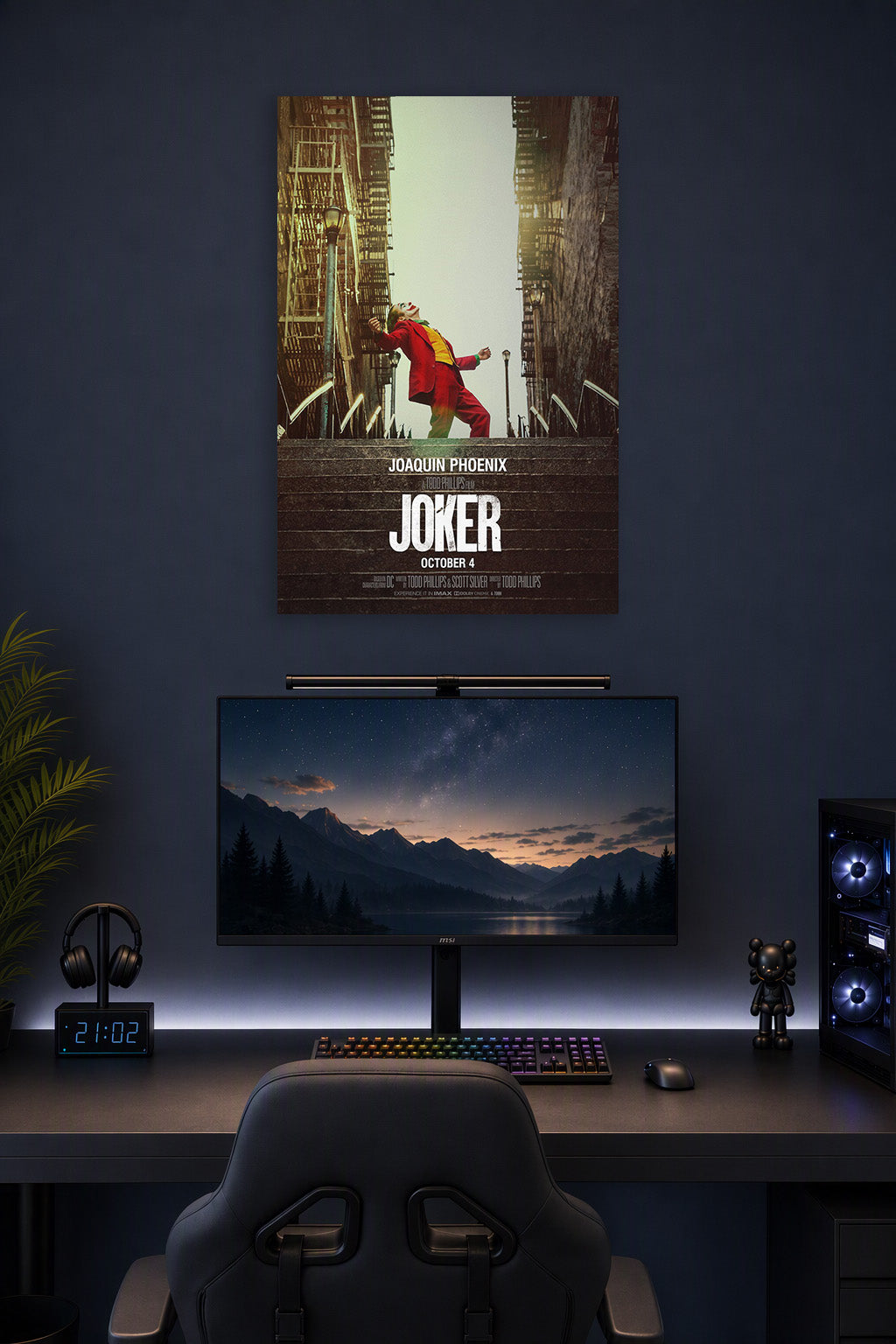 Joker Movie in a gaming desk setup above a monitor.