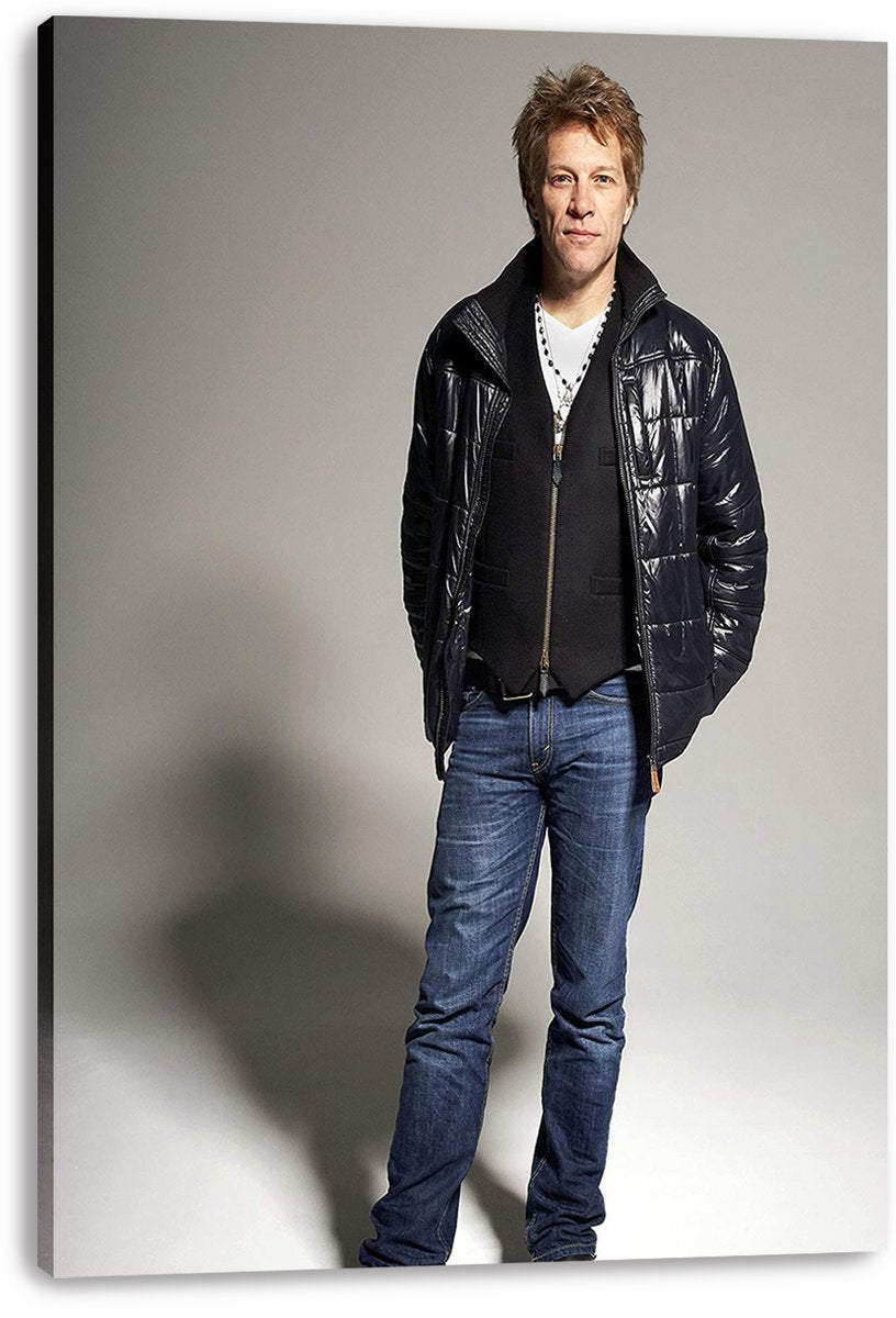 Jon Bon Jovi canvas wall art print presents a full-body portrait against a gray studio backdrop, with visible wrapped canvas edges.