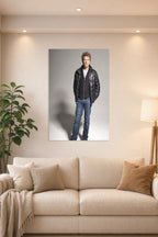 Jon Bon Jovi in a bright living room above a beige sofa.