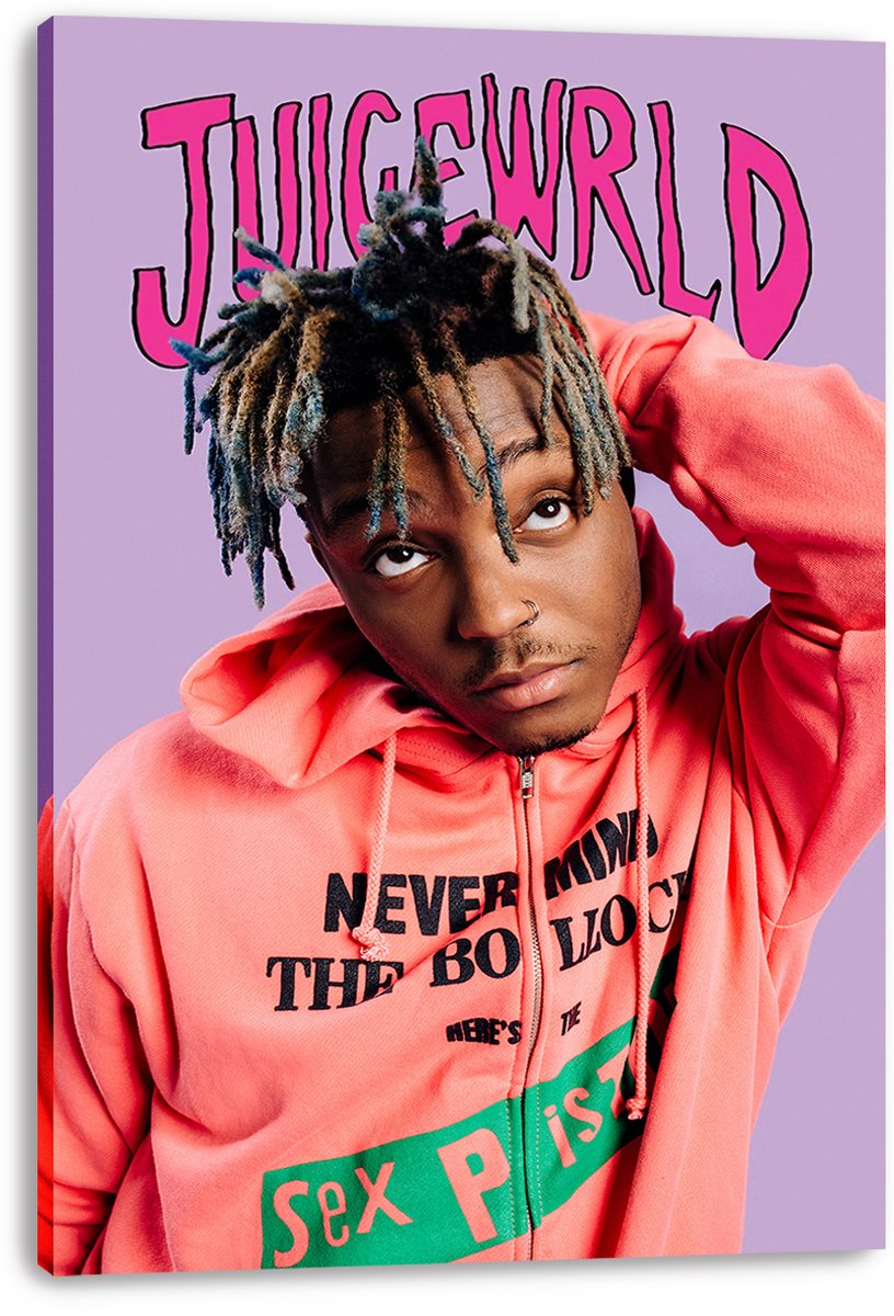 Juice Wrld canvas wall art print displays the rapper in a coral hoodie, with pink JUICEWRLD text against a lavender background.