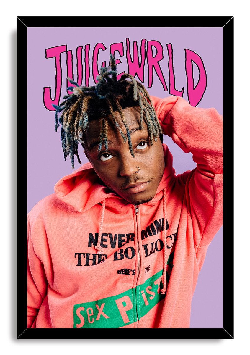 Juice Wrld framed wall art print presents a portrait in a coral hoodie with vivid pink JUICEWRLD lettering on lavender.