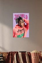 Juice Wrld in a cozy movie room above a brown sofa with popcorn.