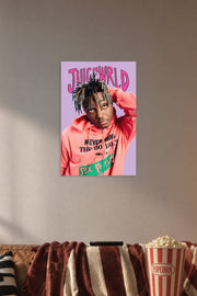 Juice Wrld in a cozy movie room above a brown sofa with popcorn.