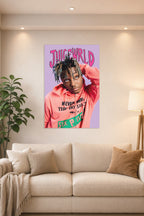 Juice Wrld in a bright living room above a beige sofa.