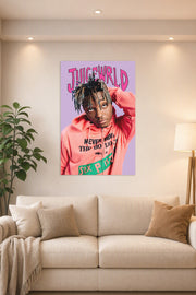 Juice Wrld in a bright living room above a beige sofa.