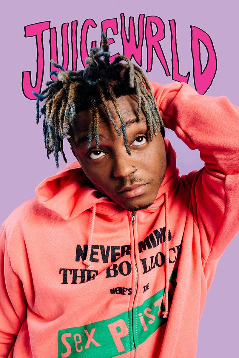 Juice Wrld wall art print features a close portrait in a coral hoodie beneath bold pink JUICEWRLD lettering on lavender.
