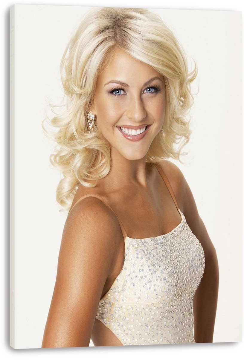 Julianne Hough canvas wall art print featuring her smiling in a beaded cream dress against a soft white background.