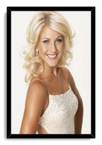Julianne Hough framed wall art print with a black border, blonde curls, blue eyes, and a sparkling cream dress.