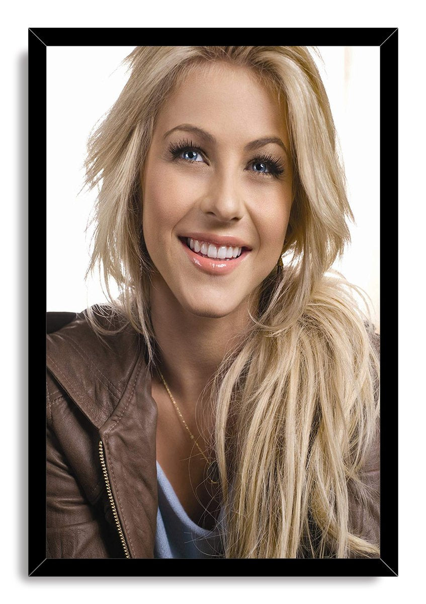 Julianne Hough framed wall art print with a black border, portraying her smiling in a brown leather jacket.