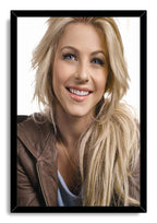 Julianne Hough framed wall art print with a black border, portraying her smiling in a brown leather jacket.