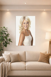 Julianne Hough in a bright living room above a beige sofa.