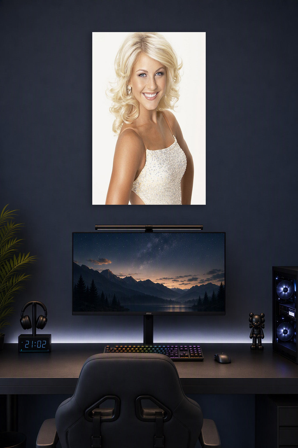 Julianne Hough in a gaming desk setup above a monitor.