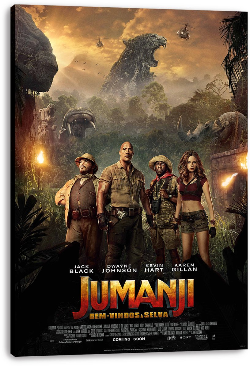 Jumanji wall art print on stretched canvas depicts four adventurers in a jungle with a giant roaring stone beast and helicopters.