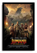Jumanji framed wall art print presents four jungle adventurers, ancient animal statues, helicopters, and a roaring stone beast.