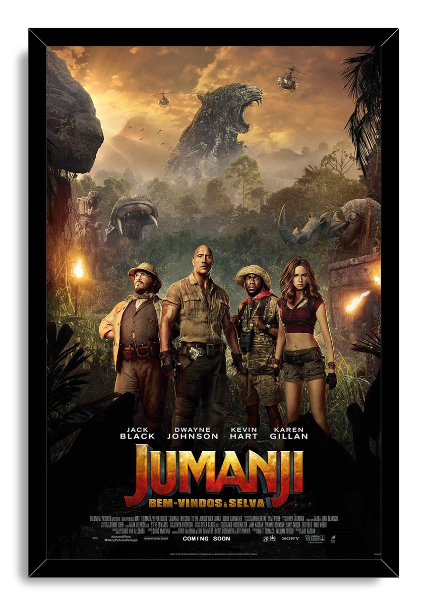 Jumanji framed wall art print presents four jungle adventurers, ancient animal statues, helicopters, and a roaring stone beast.
