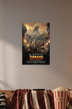 Jumanji: Welcome to the Jungle Movie in a cozy movie room above a brown sofa with popcorn.