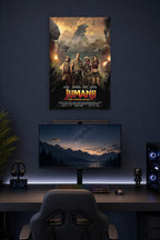 Jumanji: Welcome to the Jungle Movie in a gaming desk setup above a monitor.