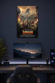 Jumanji: Welcome to the Jungle Movie in a gaming desk setup above a monitor.