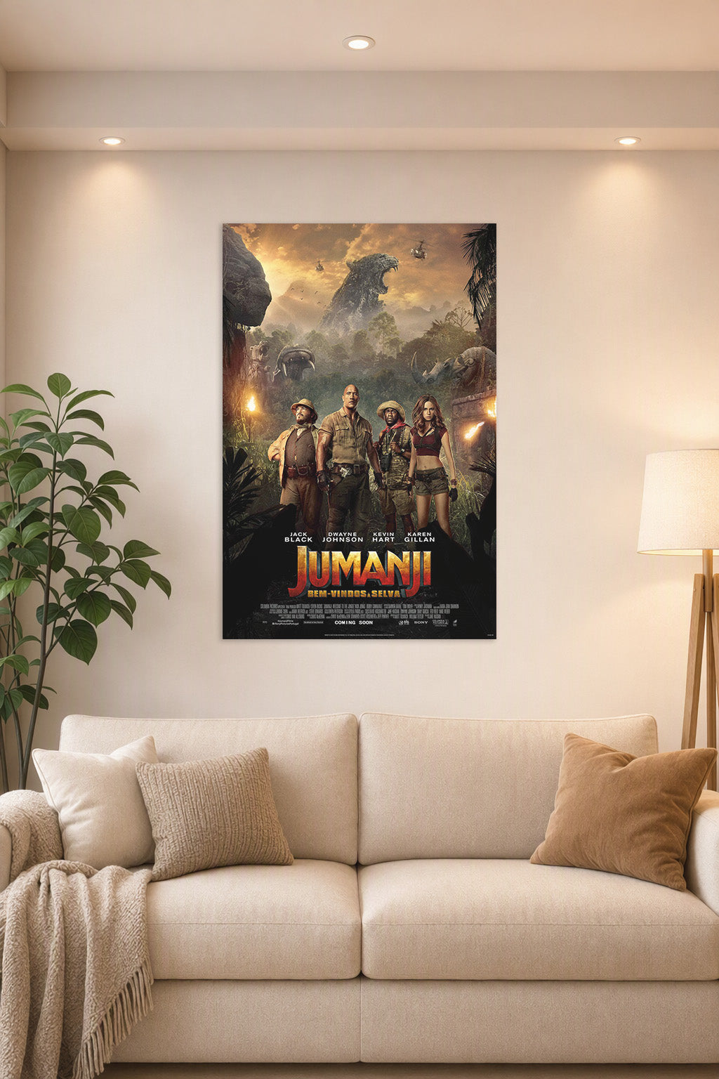 Jumanji: Welcome to the Jungle Movie in a bright living room above a beige sofa.