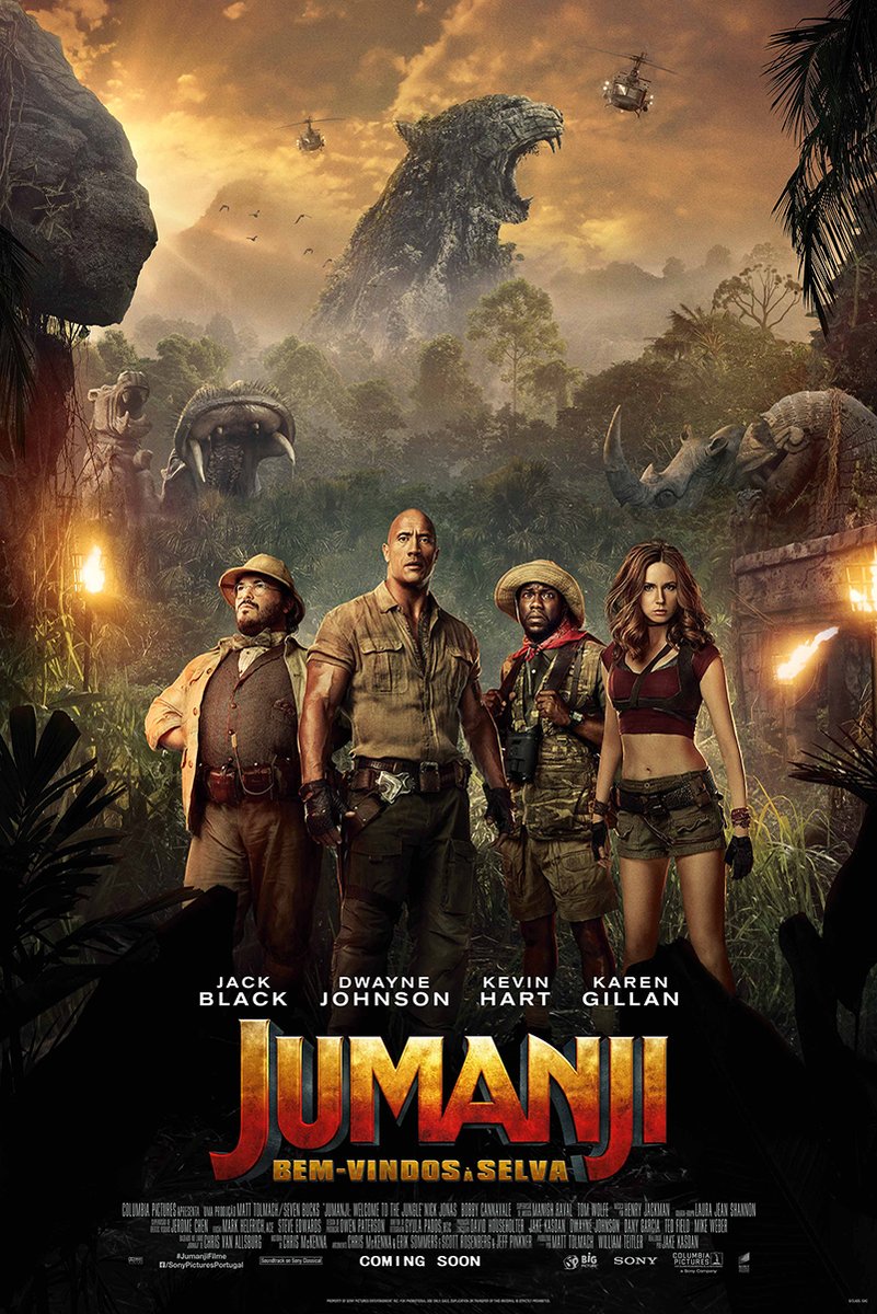 Jumanji movie poster features four jungle adventurers beneath a roaring stone beast, helicopters, ruins, and orange storm clouds.