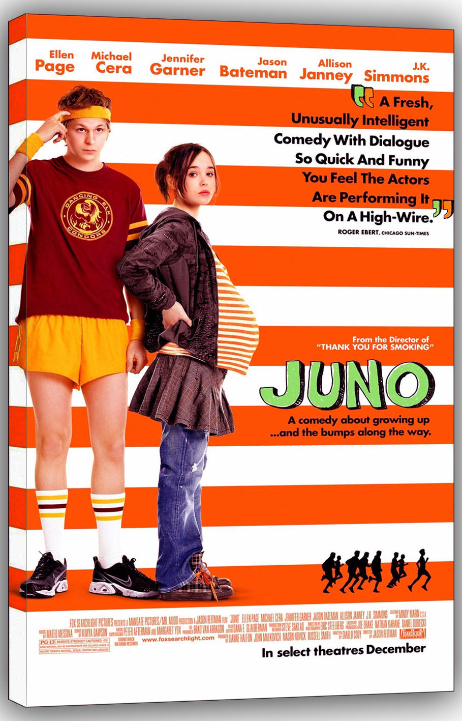 Juno canvas wall art print displays two teens in casual clothes on orange and white stripes with the green film title.