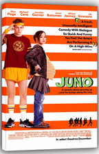 Juno canvas wall art print displays two teens in casual clothes on orange and white stripes with the green film title.