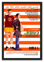 Juno framed wall art print presents two teens against orange and white horizontal stripes, green title text, and black frame.