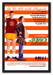 Juno framed wall art print presents two teens against orange and white horizontal stripes, green title text, and black frame.