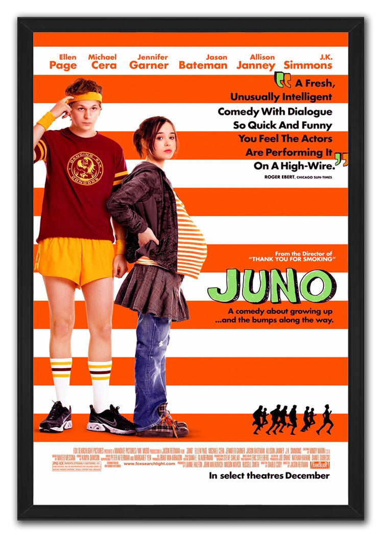 Juno framed wall art print presents two teens against orange and white horizontal stripes, green title text, and black frame.