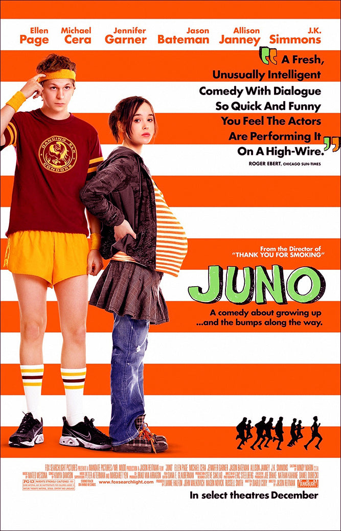 Juno poster features two teens standing back to back against bold orange and white stripes, with green title lettering.