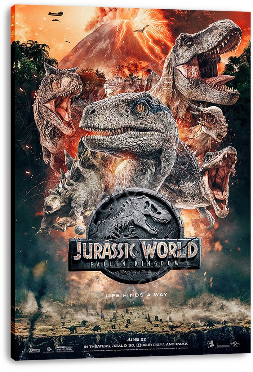 Jurassic World Fallen Kingdom canvas wall art displays roaring dinosaurs, lava-lit volcano, jungle foliage, and the central logo.