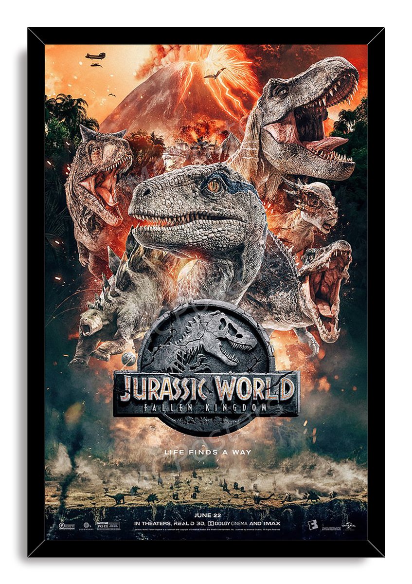Jurassic World Fallen Kingdom framed wall art print portrays roaring dinosaurs and a fiery erupting volcano above the film logo.