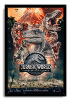 Jurassic World Fallen Kingdom framed wall art print portrays roaring dinosaurs and a fiery erupting volcano above the film logo.