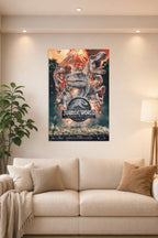 Jurassic World Dinosaurs in a bright living room above a beige sofa.