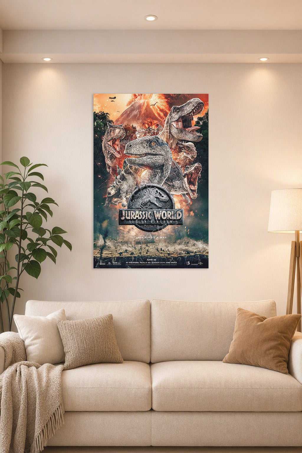 Jurassic World Dinosaurs in a bright living room above a beige sofa.