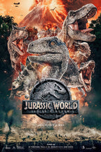 Jurassic World Fallen Kingdom poster features roaring dinosaurs before an erupting volcano, with the franchise emblem below.