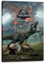 Jurassic World Fallen Kingdom canvas wall art print depicts a roaring T. rex above survivors beside a gyrosphere and erupting volcano.