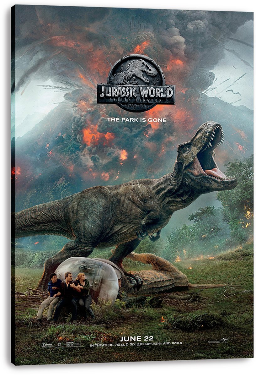 Jurassic World Fallen Kingdom canvas wall art print depicts a roaring T. rex above survivors beside a gyrosphere and erupting volcano.
