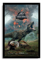 Jurassic World Fallen Kingdom framed wall art print features a roaring T. rex, stranded people, a gyrosphere, and smoke-filled firelit sky.