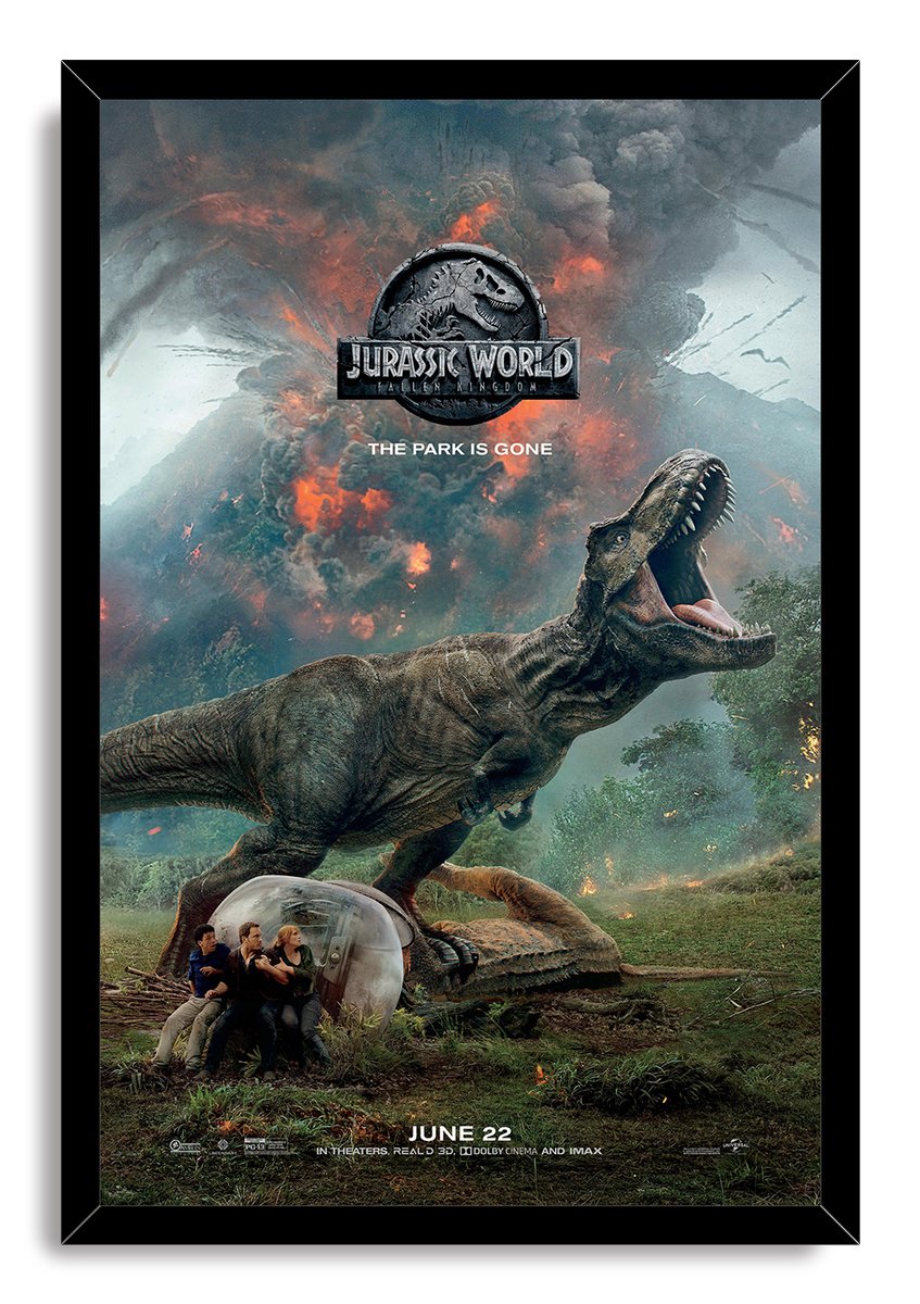 Jurassic World Fallen Kingdom framed wall art print features a roaring T. rex, stranded people, a gyrosphere, and smoke-filled firelit sky.