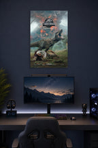 Jurassic World Fallen Kingdom in a gaming desk setup above a monitor.