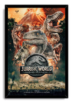 Jurassic World: Fallen Kingdom framed wall art print with roaring dinosaurs, volcano lava, and the central movie emblem.