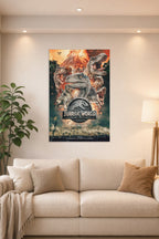 Jurassic World Fallen Kingdom Dinosaurs in a bright living room above a beige sofa.