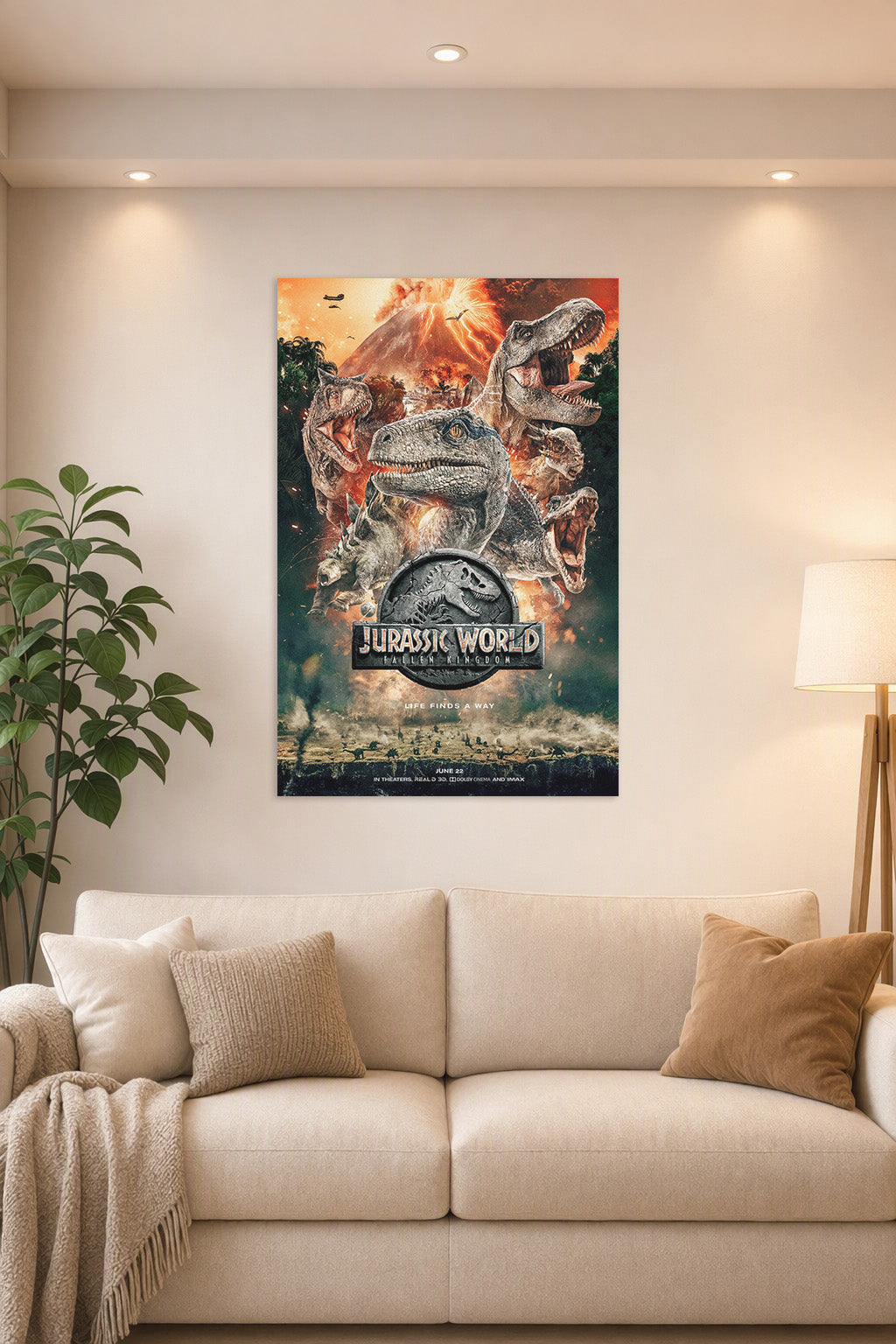 Jurassic World Fallen Kingdom Dinosaurs in a bright living room above a beige sofa.