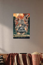 Jurassic World Fallen Kingdom Dinosaurs in a cozy movie room above a brown sofa with popcorn.