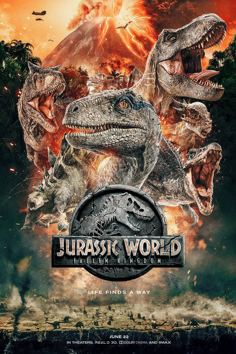 Jurassic World: Fallen Kingdom poster with roaring dinosaurs, a fiery erupting volcano, and the silver film logo.