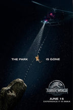Jurassic World Fallen Kingdom wall art print features a spotlighted ladder, hovering helicopter, climber, and T-Rex at night.