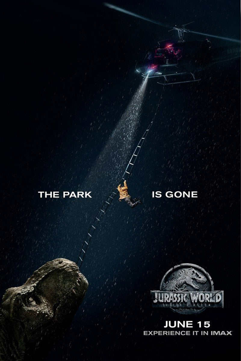 Jurassic World Fallen Kingdom wall art print features a spotlighted ladder, hovering helicopter, climber, and T-Rex at night.